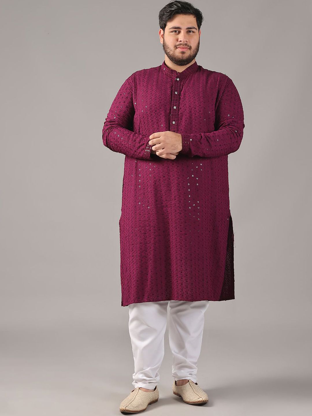 SOJANYA PLUS Plus Size Lelaki Motif Etnik Sulam Kapas Tulen Kurta Lurus & Piyama