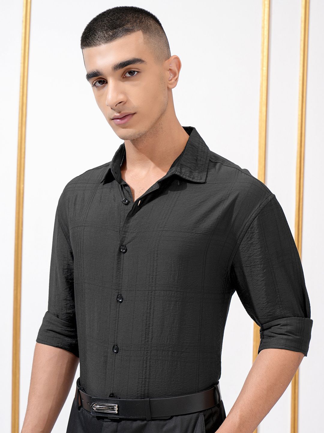 Highlander Men Jacquard Textured Slim Fit Checked Shirt