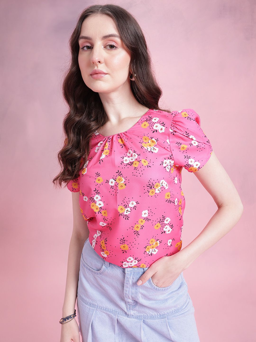 DressBerry Floral Print Gathered Detail Puff Sleeves Top
