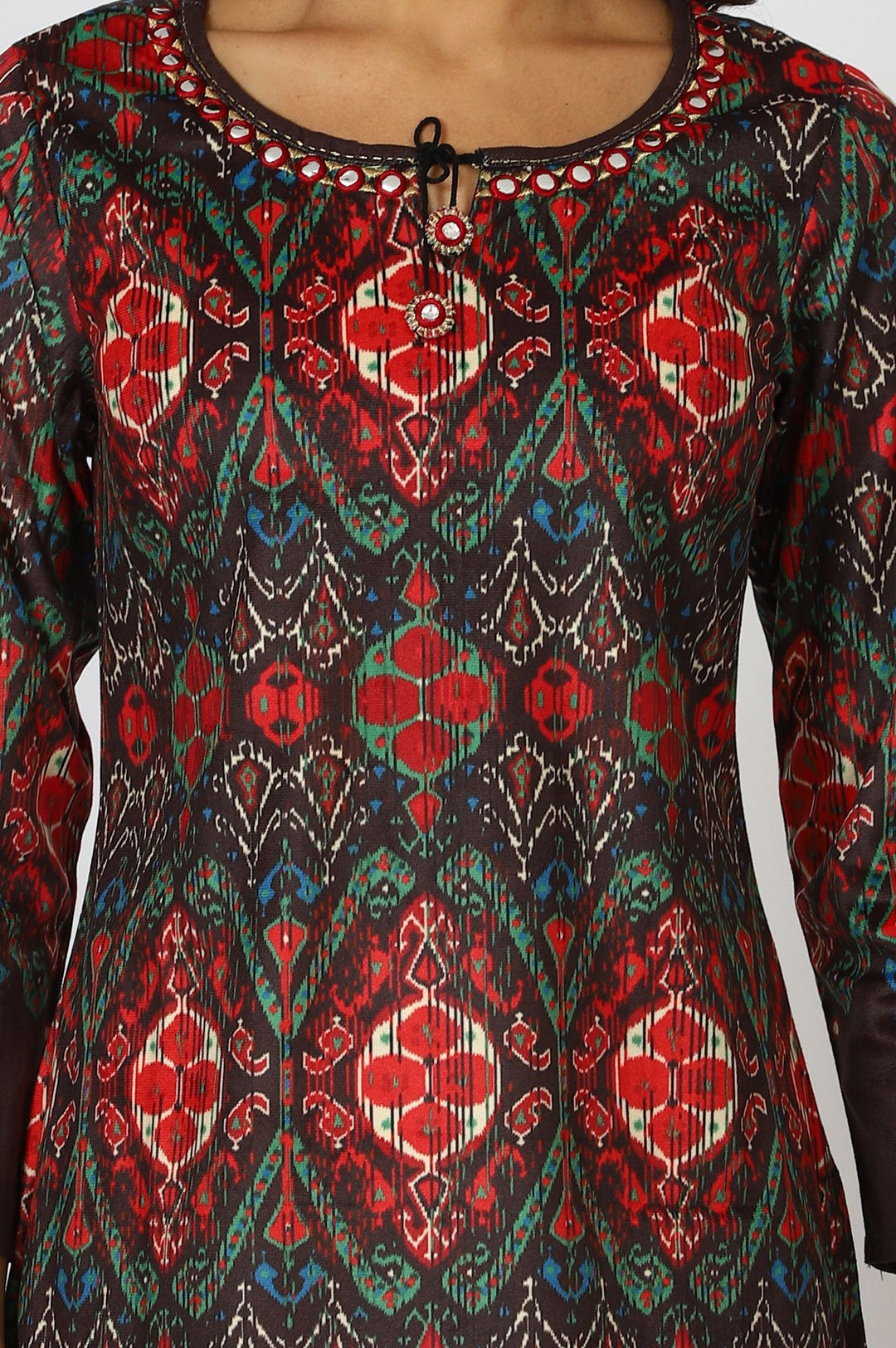 W Ethnic Motifs Printed Mirror Work Keyhole Neck A-Line Kurta