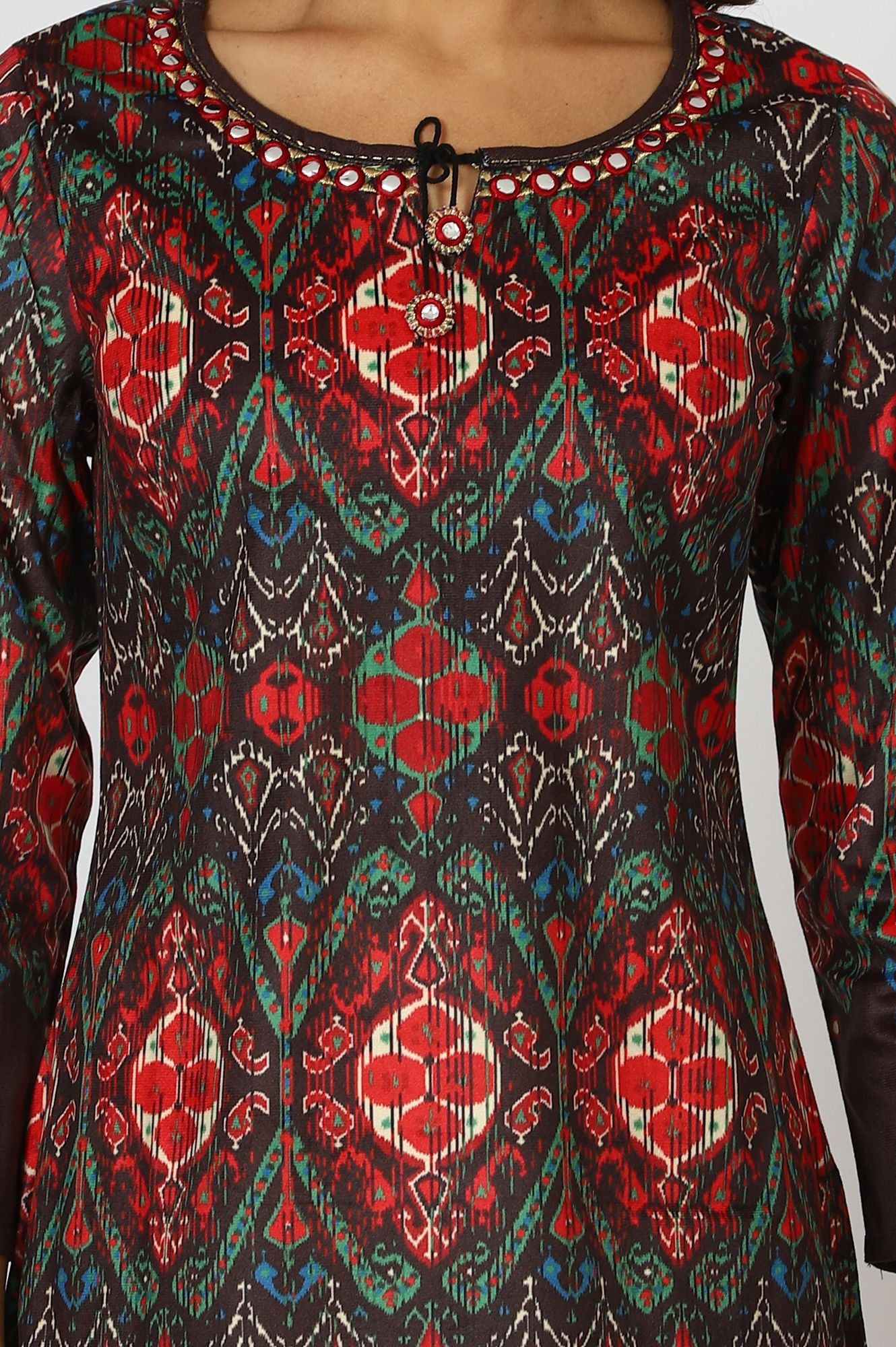 W Ethnic Motifs Printed Mirror Work Keyhole Neck A-Line Kurta