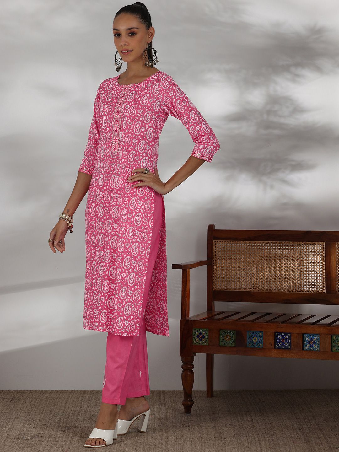 Libas Paisley Printed Regular Thread Work Pure Cotton Kurta With Trousers With Dupatta