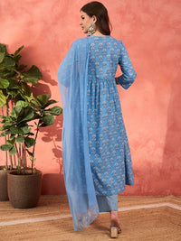 Shae by SASSAFRAS Floral Printed V-Neck Pure Cotton A-Line Kurta With Trousers & Dupatta