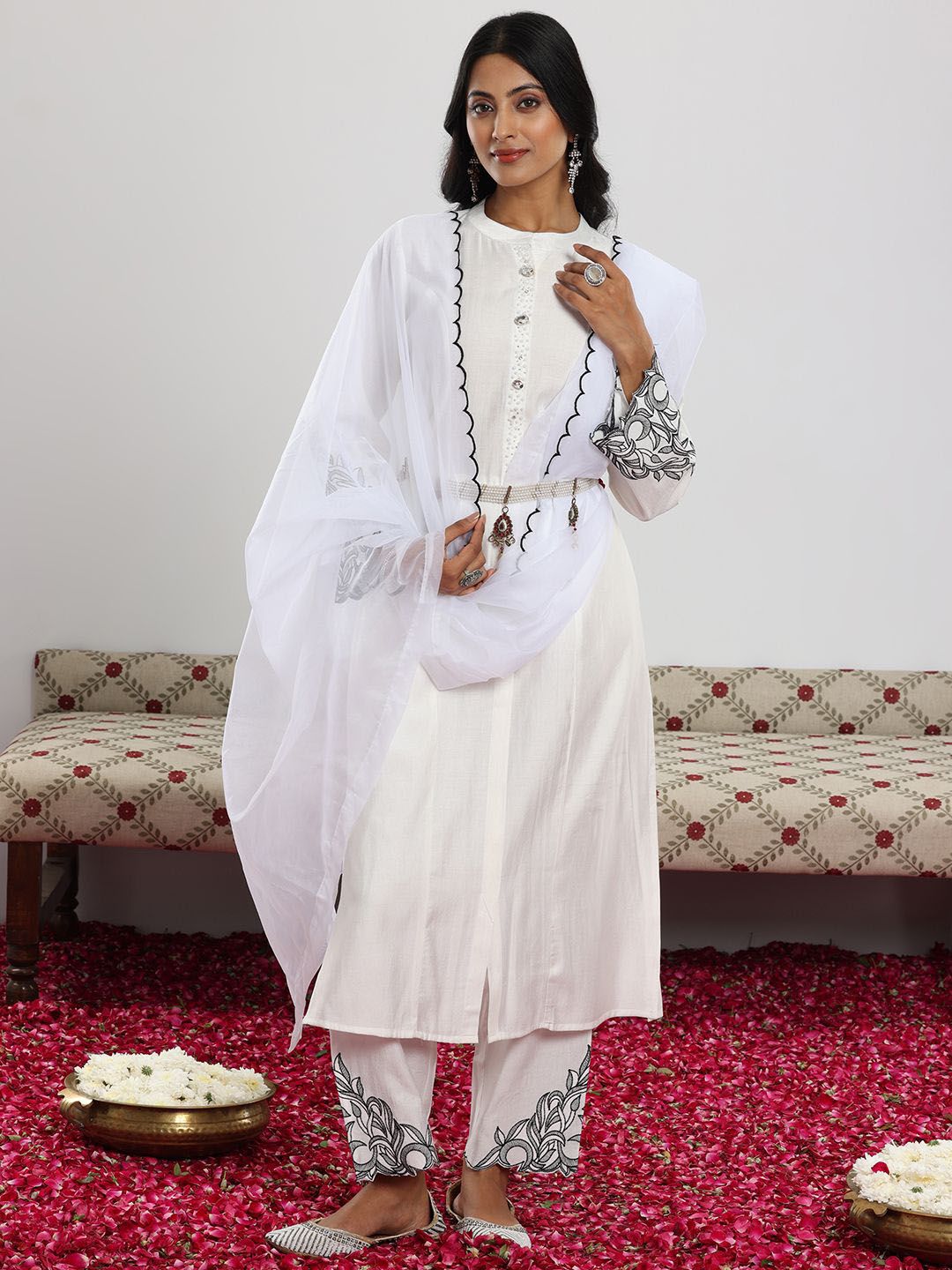 Libas White Floral Embroidered Thread Work Panelled A-Line Kurta with Trouser & Dupatta