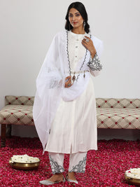 Libas White Floral Embroidered Thread Work Panelled A-Line Kurta with Trouser & Dupatta