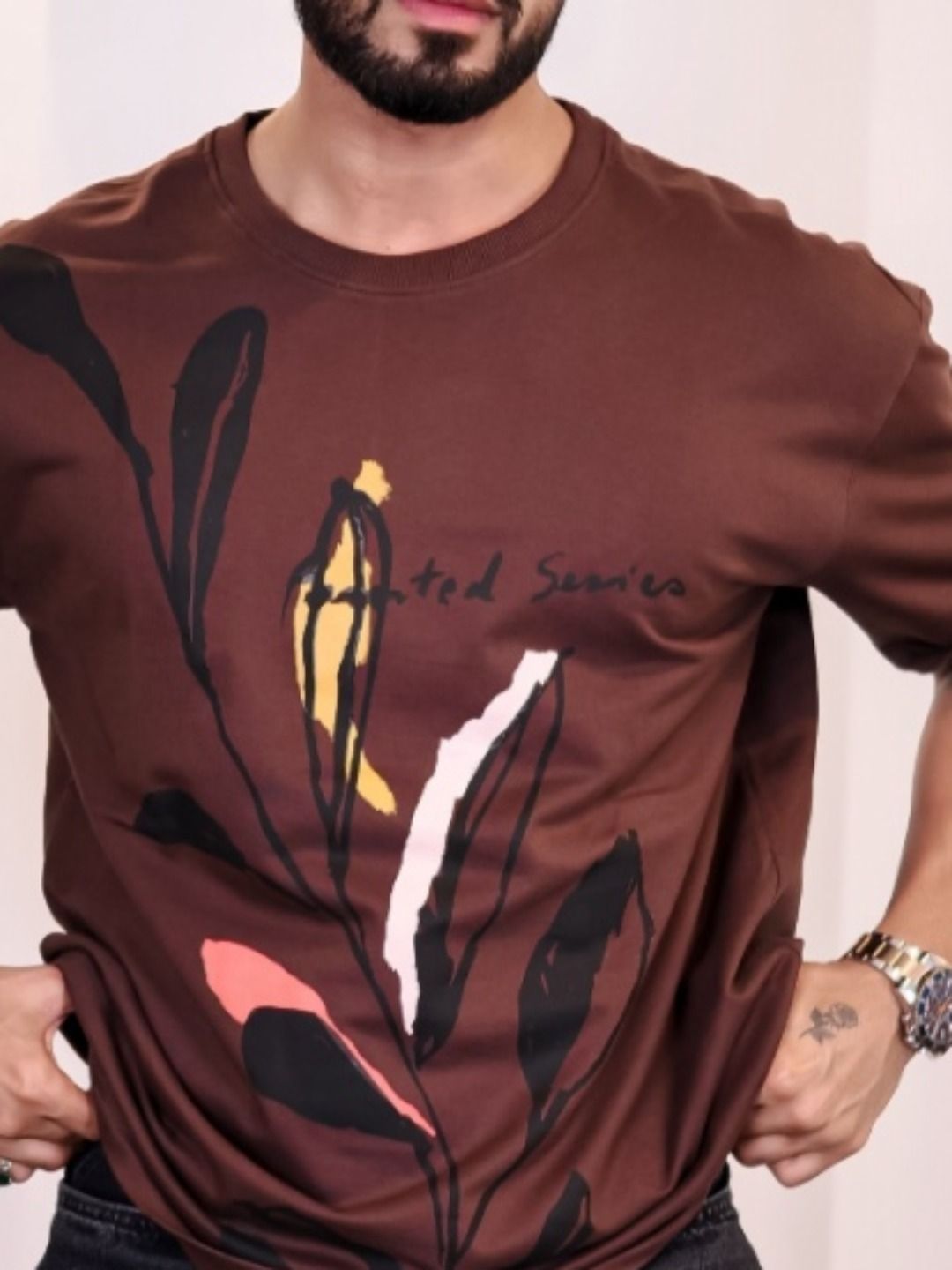 Eszett Lelaki Floral Printed Leher Bulat Kapas Bersaiz Besar T-shirt