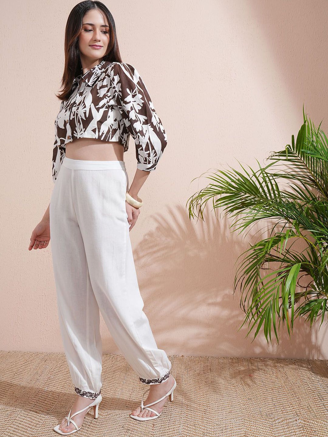 Vishudh Brown Printed Shirt collar Three-Quarter Sleeves Shirt With Trouser
