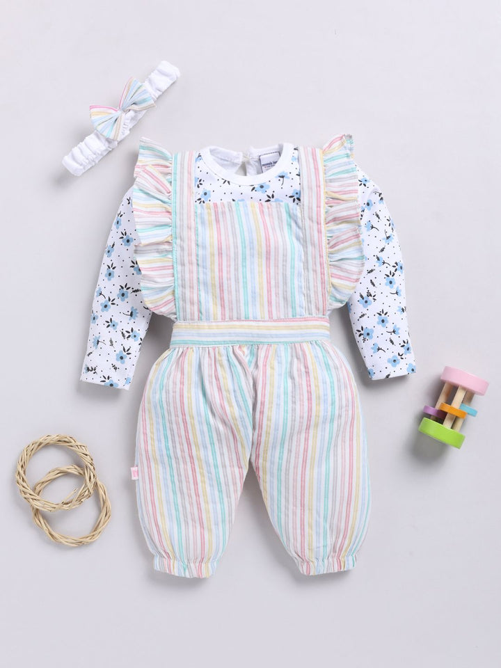 Moms Love Infants Girls Cotton Striped Ruffled Dungarees with T-shirt & Headband