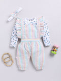 Moms Love Infants Girls Cotton Striped Ruffled Dungarees with T-shirt & Headband