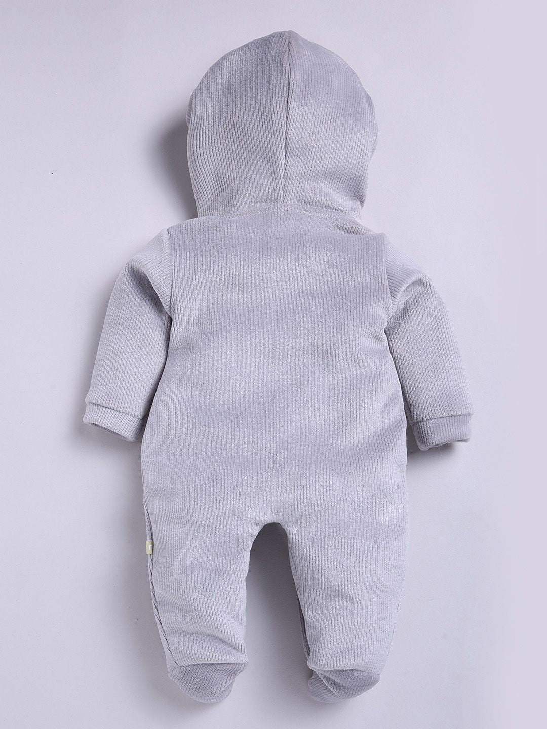 Moms Love Infant Boys Pure Cotton Velvet Finish Ribbed Hooded Sleepsuit