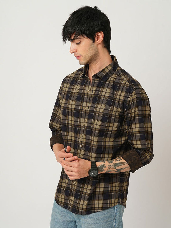 VASTRADO Men Classic Spread Collar Tartan Checked Cotton Slim Fit Casual Shirt
