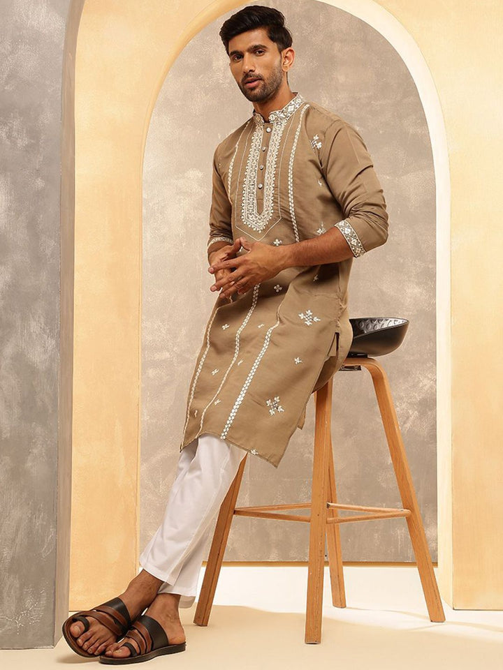 Anouk Geometric Embroidered Mirror Work Cotton Silk Straight  Kurta with Pyjamas