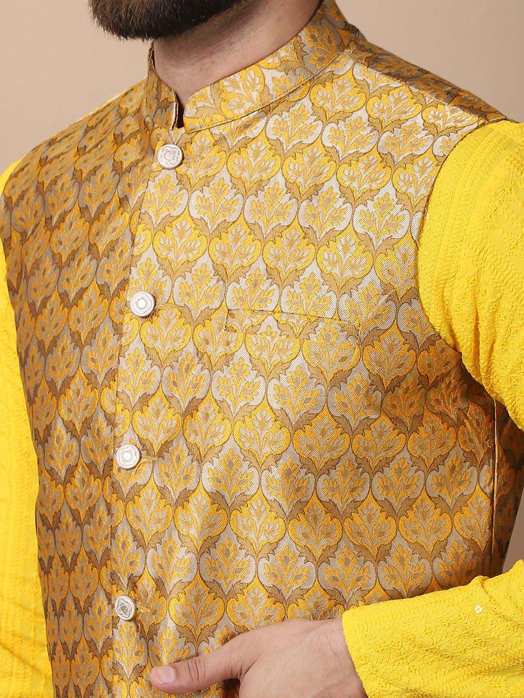Anouk Mustard Yellow Floral Embroidered Pure Cotton Kurta with Churidar & Nehru Jacket