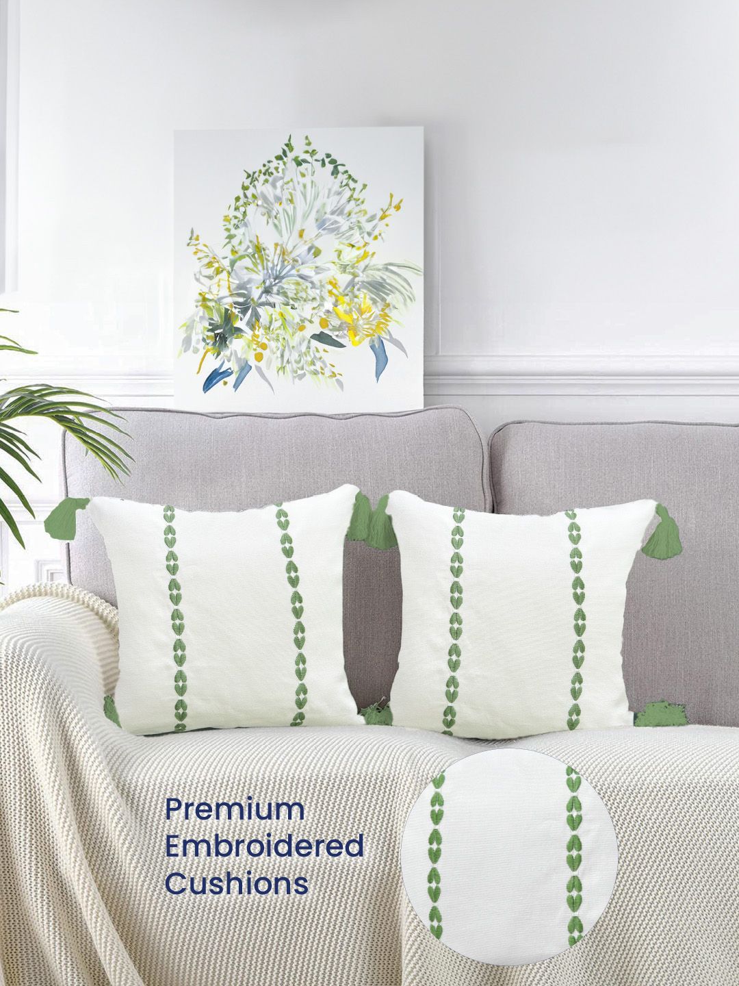 URBAN SPACE Green & White 2 Pieces Embroidered Pure Cotton Square Cushion Covers