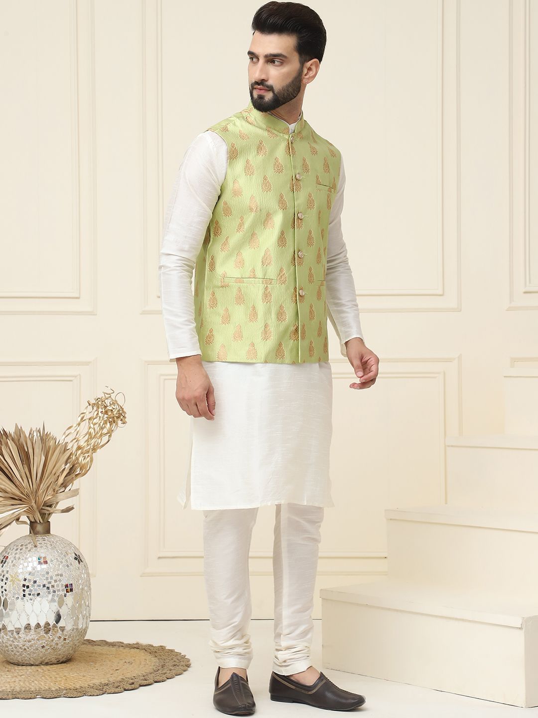 SOJANYA Mandarin Collar Silk Cotton Straight Kurta with Churidar & Nehru jacket