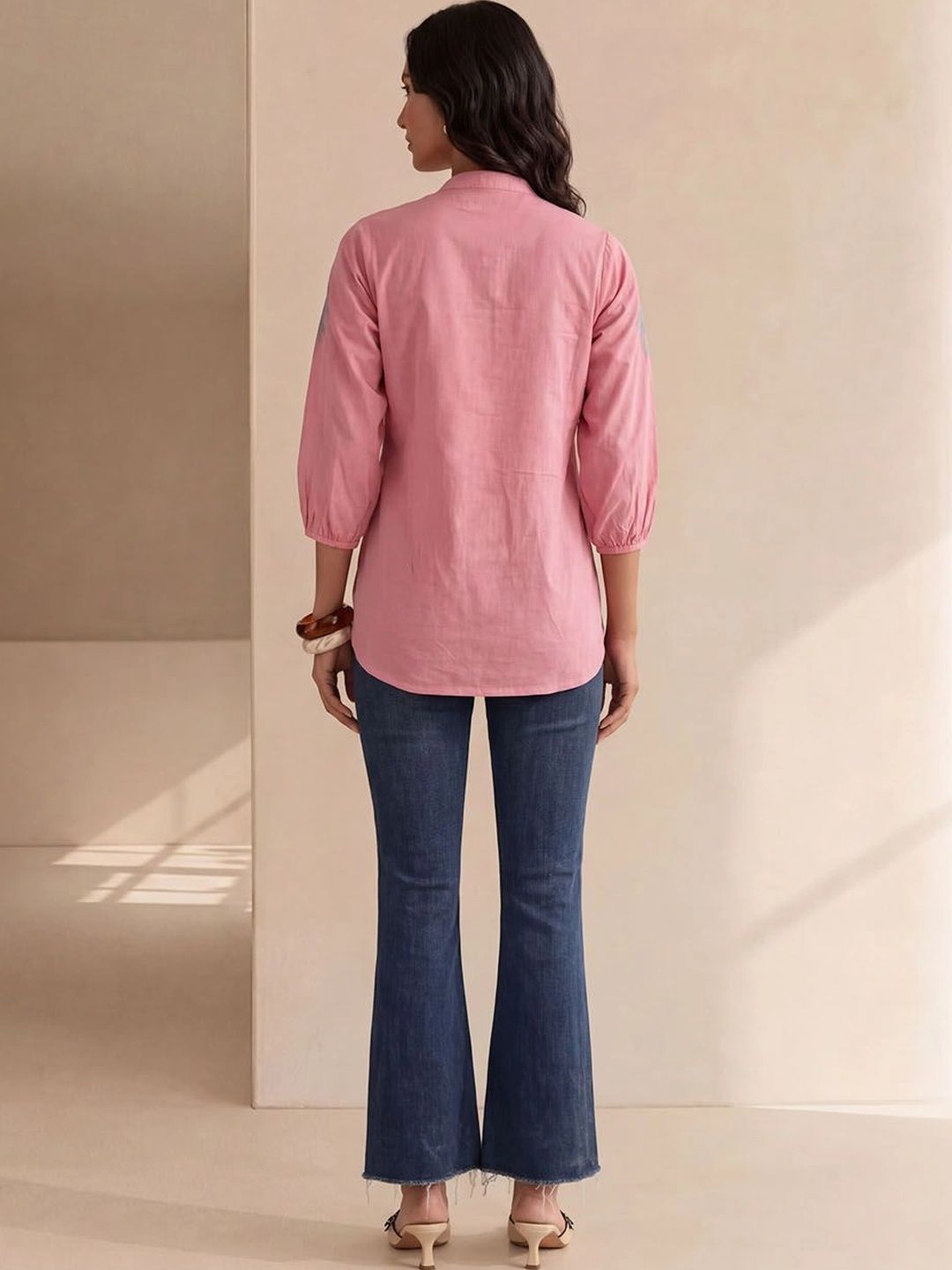House of Chikankari Embroidered Mandarin Collar Cotton Top