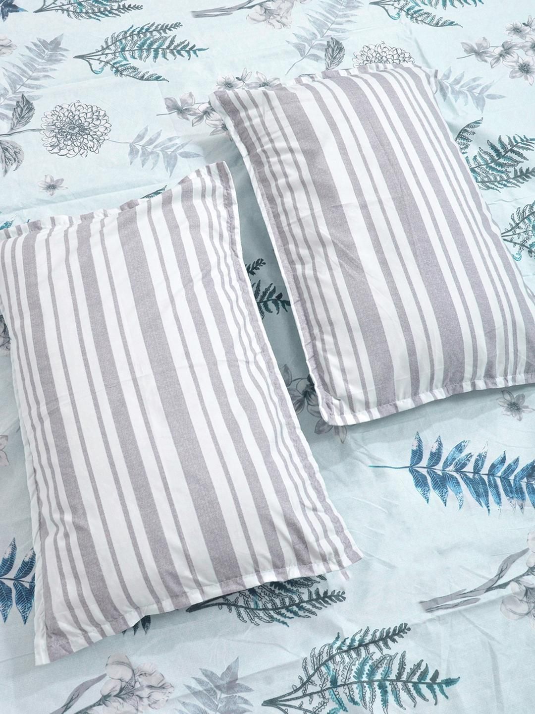 KLOTTHE Blue & Grey Floral 300 TC Double Bedsheet with 2 Pillow Covers- 2.50 m x 2.25 m