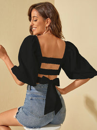 Berrylush Women Bishop Sleeve Styled Back Crop Blouson Top