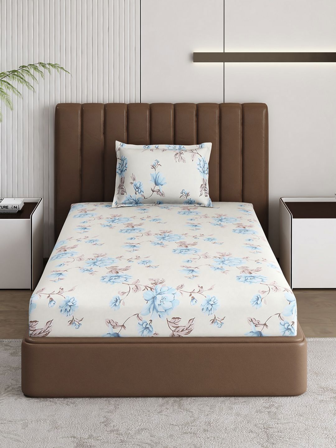 Monte Carlo Off White & Blue Floral Printed 120 TC Single Bedsheet Set 1.52 m x 2.30 m