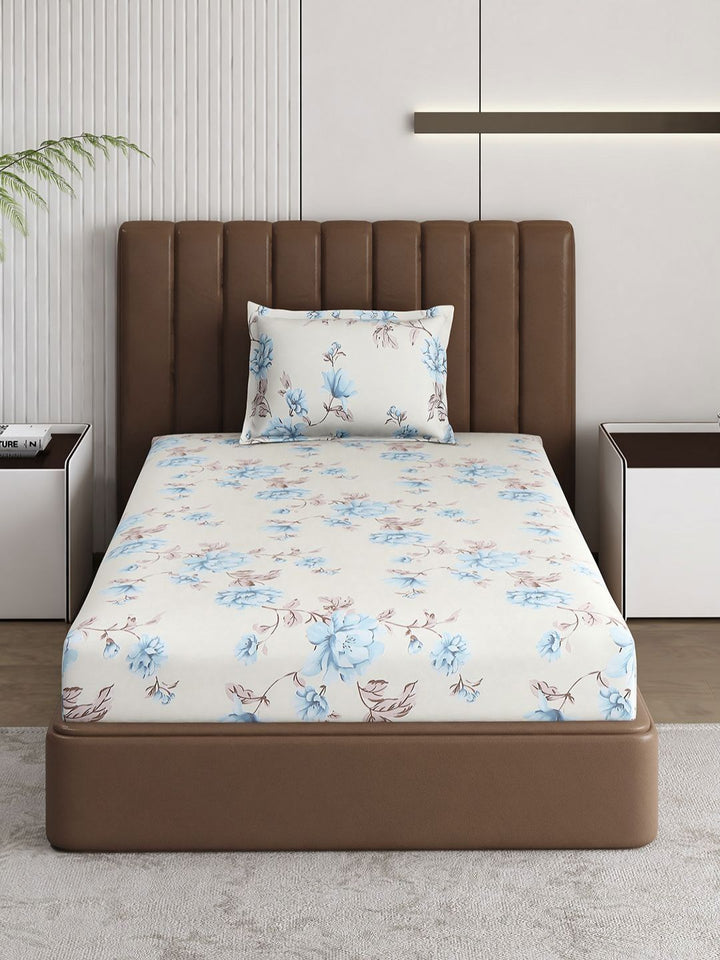 Monte Carlo Off White & Blue Floral Printed 120 TC Single Bedsheet Set 1.52 m x 2.30 m