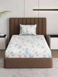 Monte Carlo Off White & Blue Floral Printed 120 TC Single Bedsheet Set 1.52 m x 2.30 m