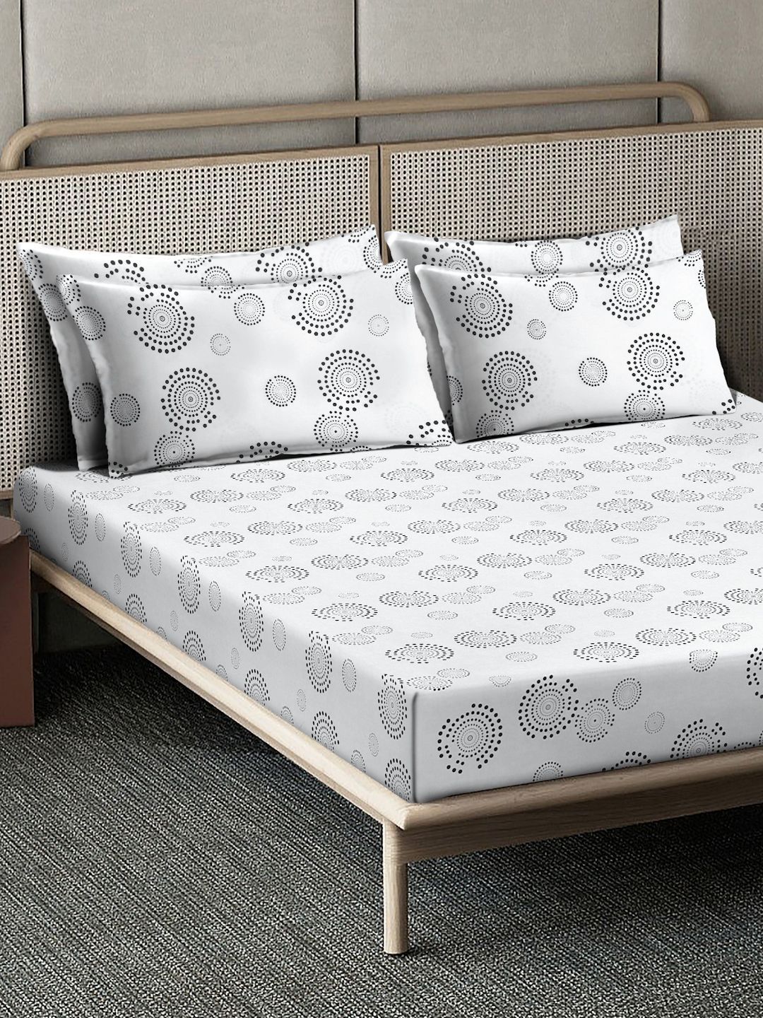 Myntra Elegant Homes White & Grey Floral 400 TC Bedsheet with 2 Pillow Covers