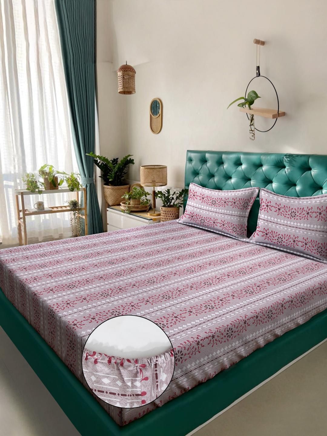 KLOTTHE Pink Floral Printed Dilengkapi 400 TC Kapas Cadar King & 2 Sarung Bantal