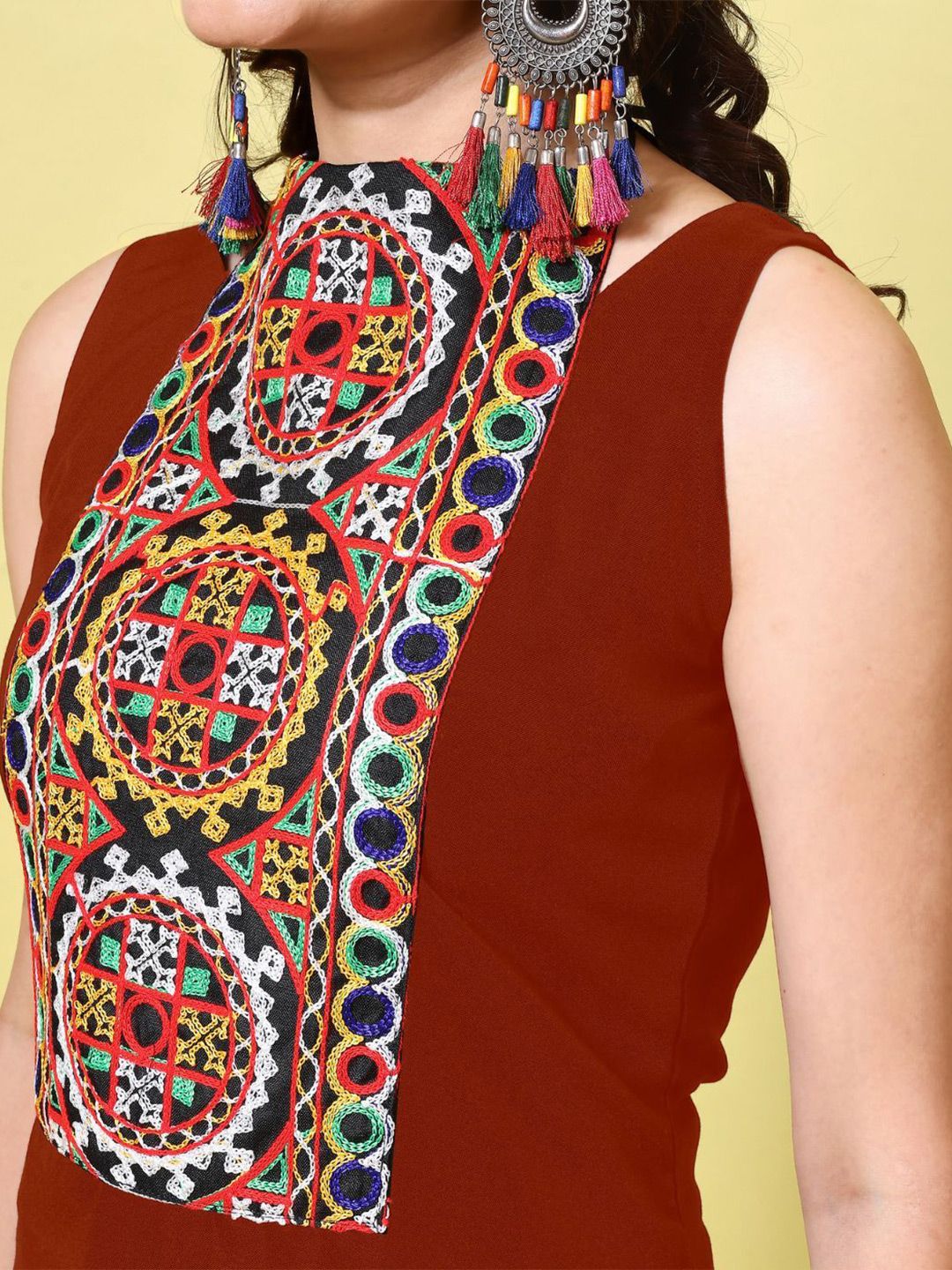 KALINI Women Cotton Blend Embroidered High Neck Straight Kurta