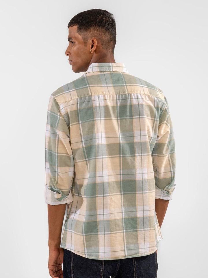 Eszett Checked Spread Collar Cotton Linen Long Sleeves Shirt