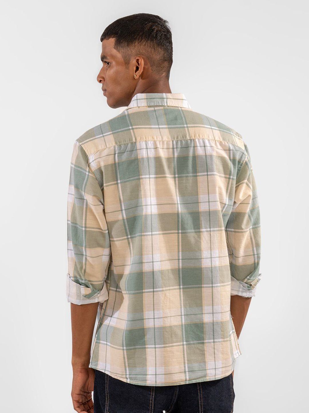 Eszett Checked Spread Collar Cotton Linen Long Sleeves Shirt