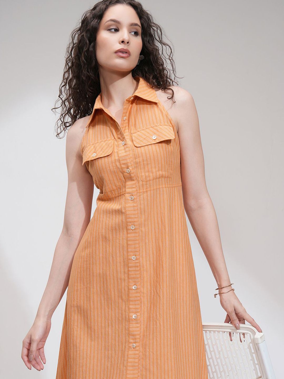 Tokyo Talkies Women Striped Sleeveless Shirt Dress