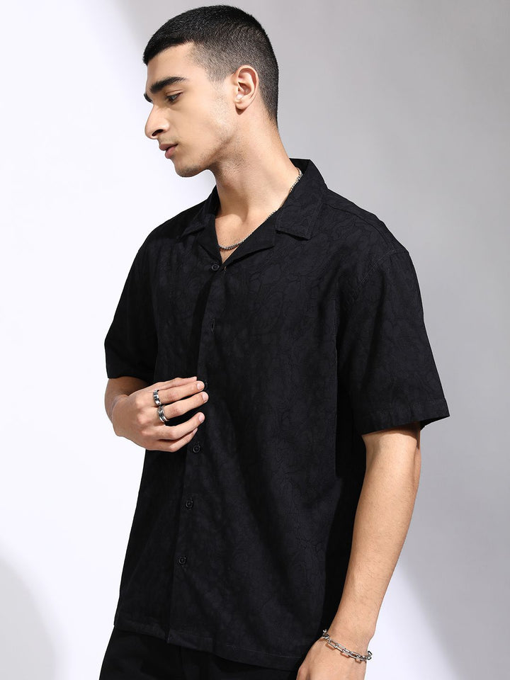 HIGHLANDER Men Jacquard Textured Cuban Collar Relaxed Shirt