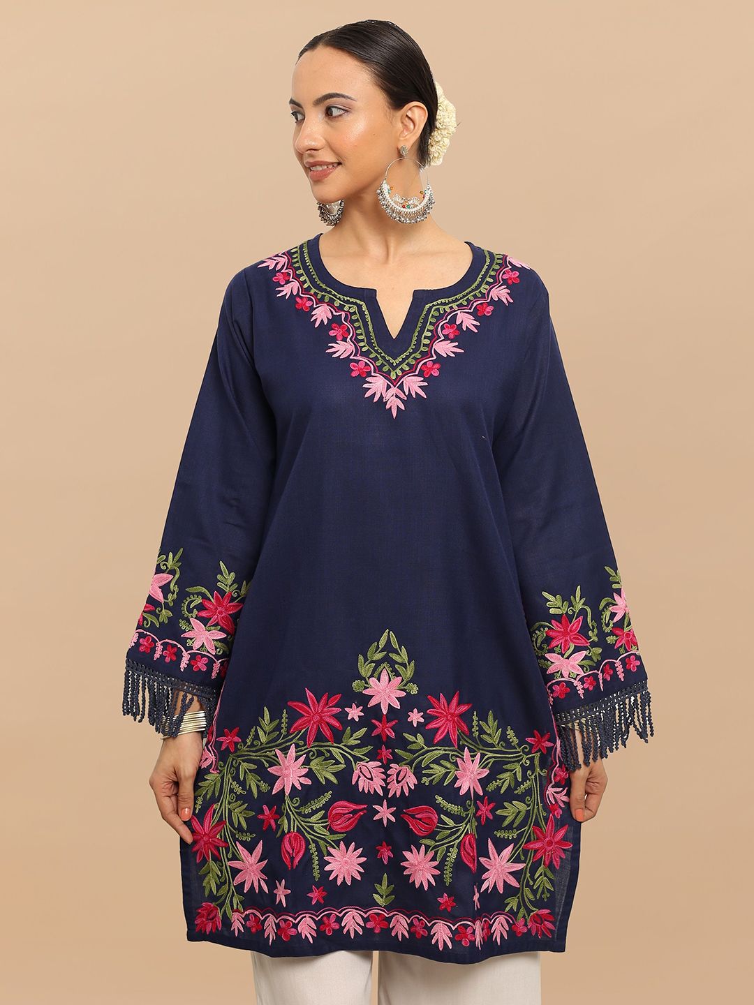 HOUSE OF KARI Falak Kashmiri Embroidered Flared Sleeves Thread Work Cotton Straight Kurta