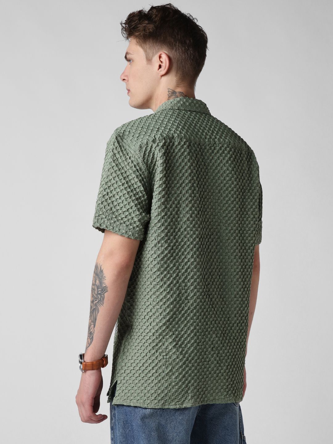 VASTRADO Men Classic Oversized Fit Cuban Collar Textured Casual Shirt