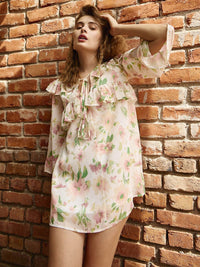 SASSAFRAS Floral Print Bell Sleeve Georgette Mini Dress
