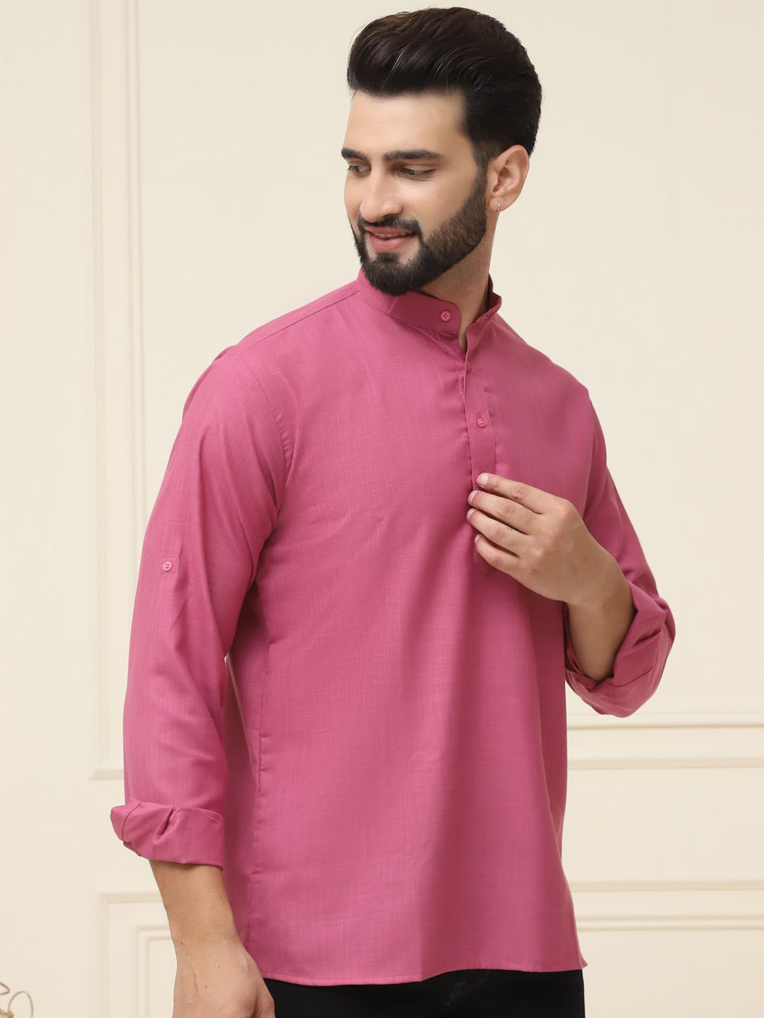 SOJANYA Band Collar Neck Long Roll-Up Sleeves Pure Cotton Straight Kurta