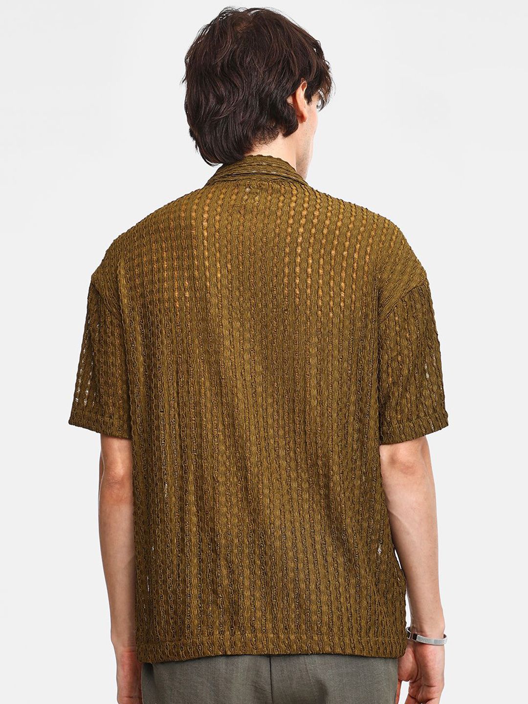 Brown Sheer Relaxed Fit Cuban Collar Casual Shirt
