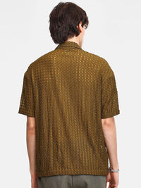 Brown Sheer Relaxed Fit Cuban Collar Casual Shirt