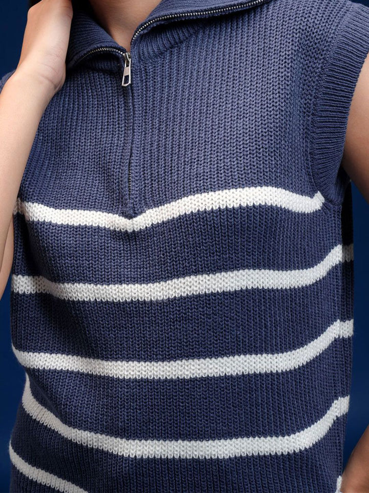 Tokyo Talkies Women Cable Knit Striped Sleeveless Pullover