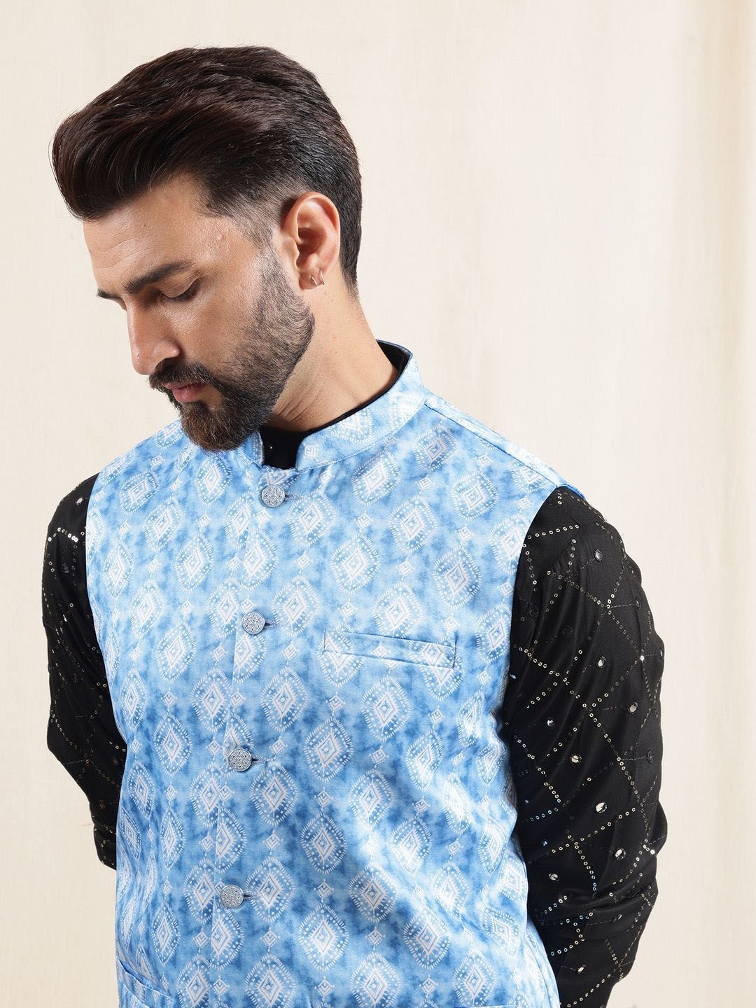 Anouk Embroidered Sequnnied Pure Cotton Straight Kurta With Pyjamas & Nehru Jacket