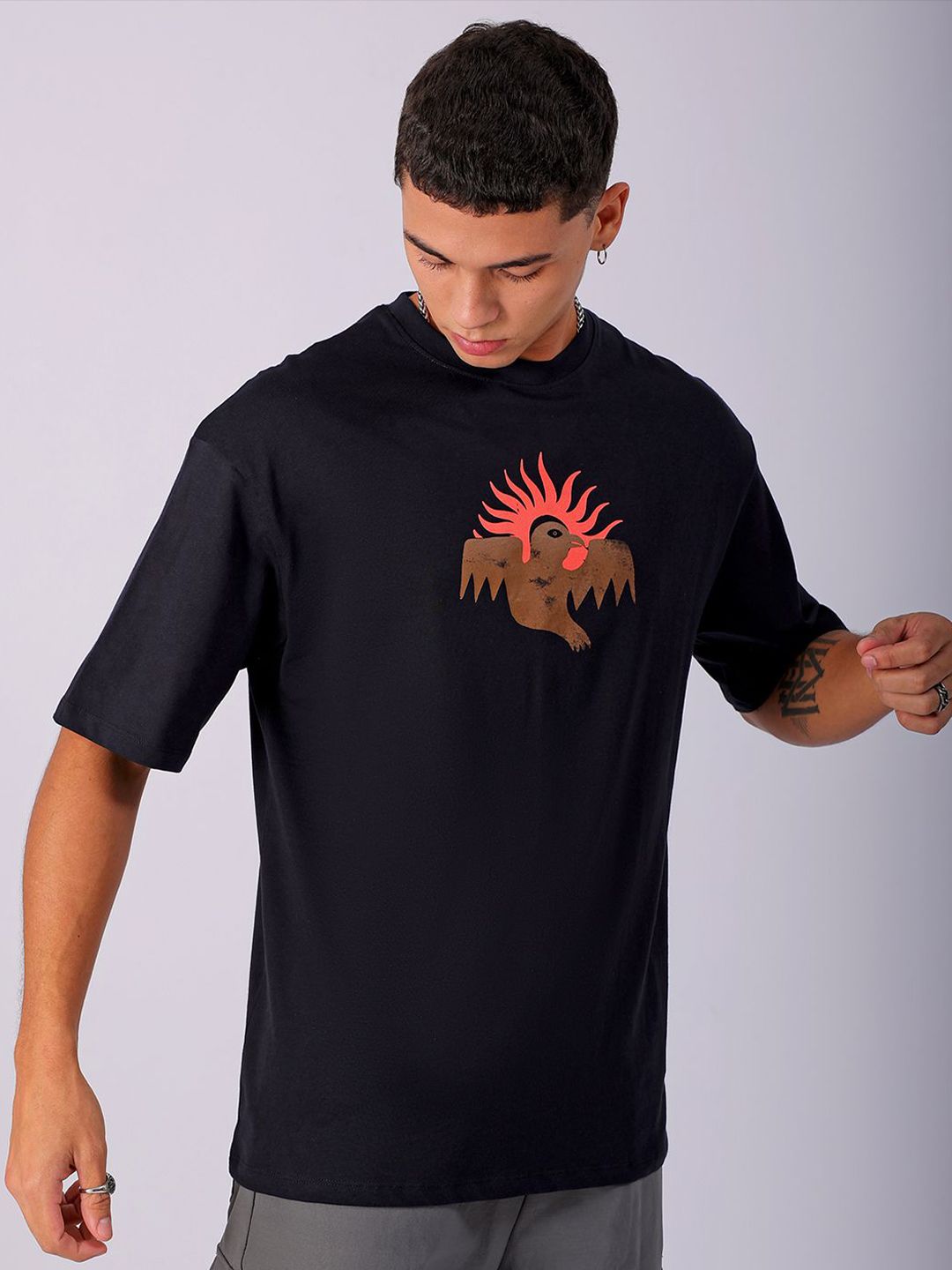The Indian Garage Co Men Back Printed Boxy Oversized Round Neck T-shirt