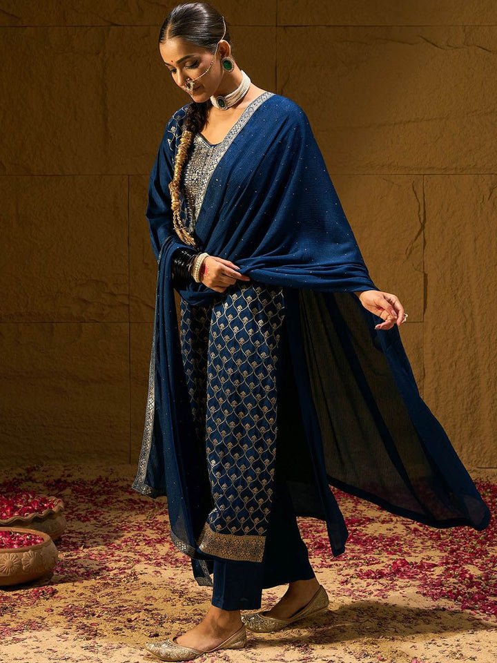 Indo Era Ethnic Motifs Embroidered V-Neck Jacquard Straight Kurta With Trousers & Dupatta