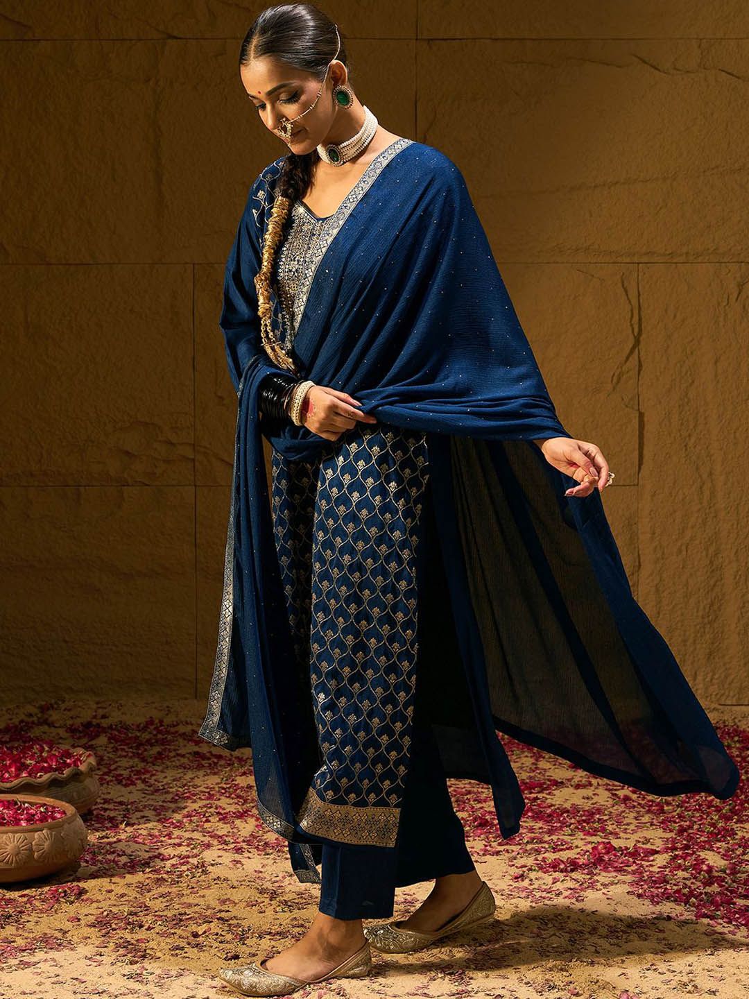 Indo Era Ethnic Motifs Embroidered V-Neck Jacquard Straight Kurta With Trousers & Dupatta