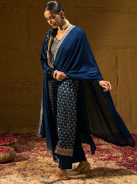Indo Era Ethnic Motifs Embroidered V-Neck Jacquard Straight Kurta With Trousers & Dupatta