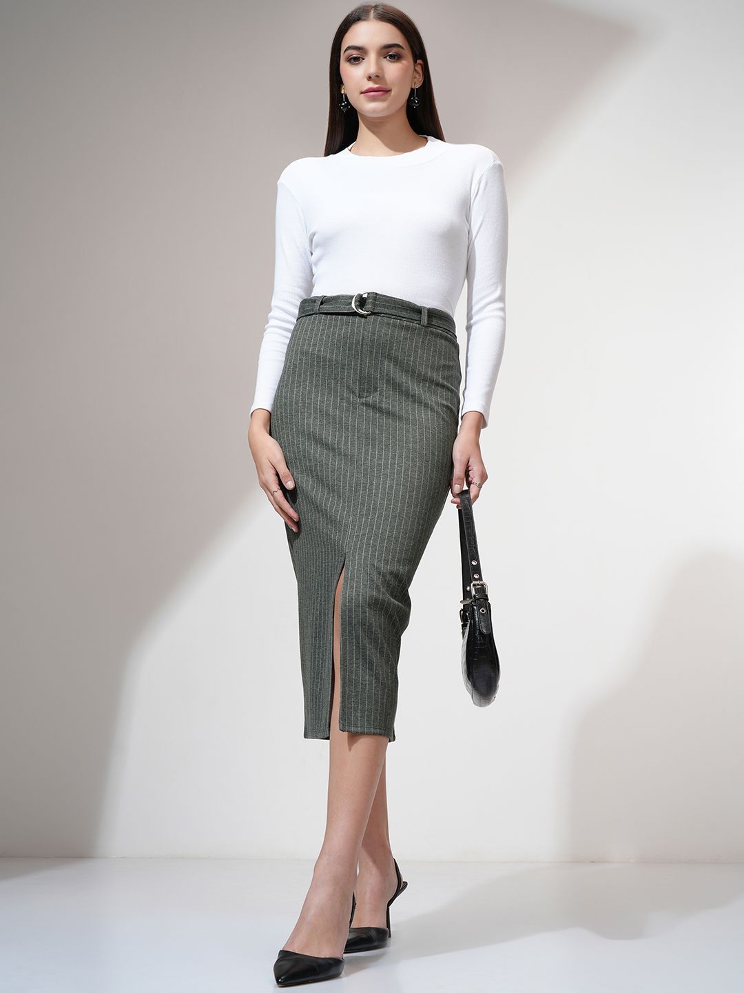 CHIC BY TOKYO TALKIES Women Striped Pencil Midi Skirt