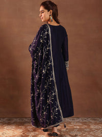 Libas Womens Purple Embroidered Anarkali Kurta With Trousers & Dupatta