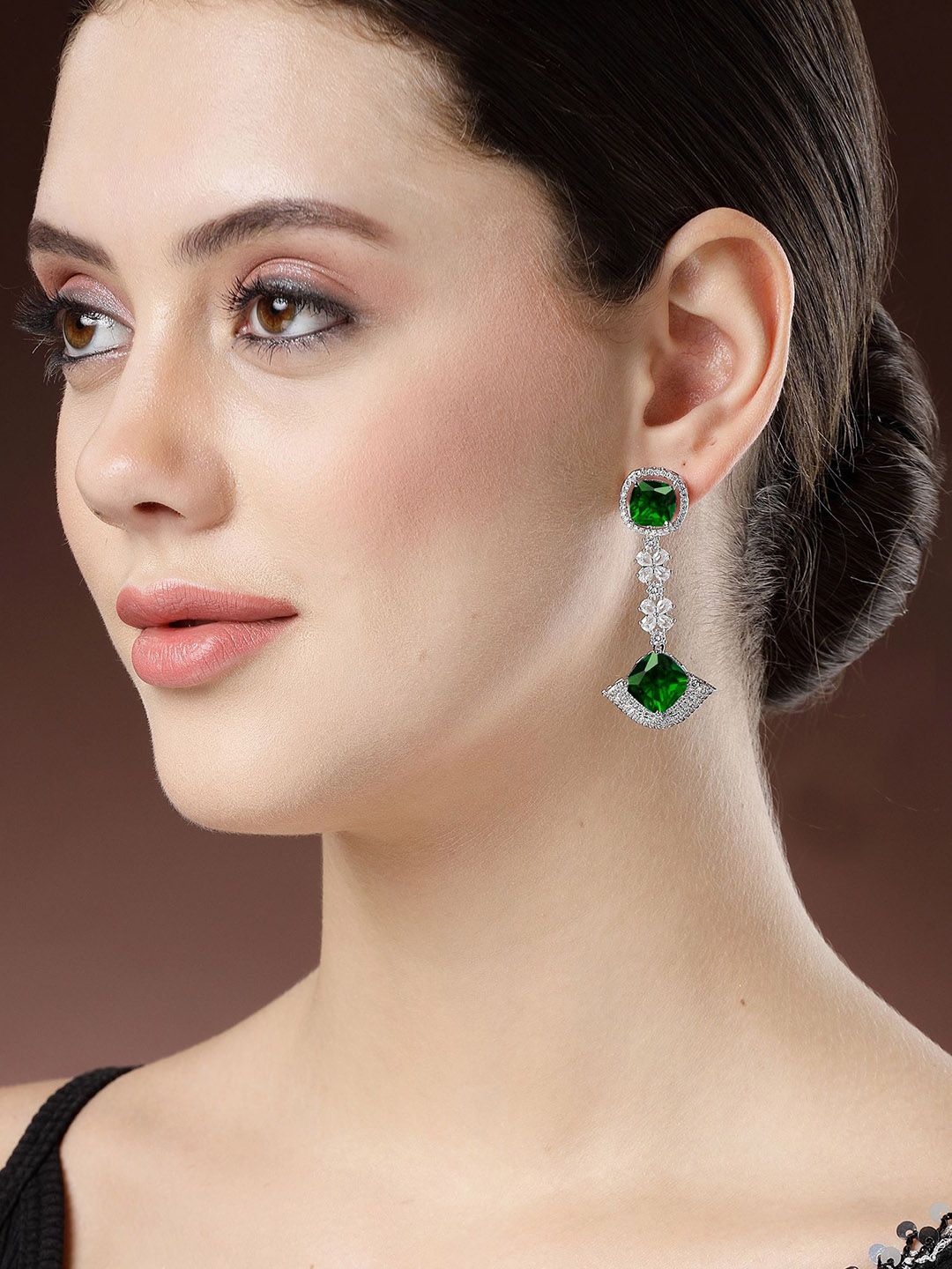 KARATCART Silver-Plated American Diamond Stone Studded Contemporary Drop Earrings