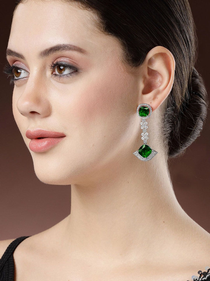 KARATCART Silver-Plated American Diamond Stone Studded Contemporary Drop Earrings