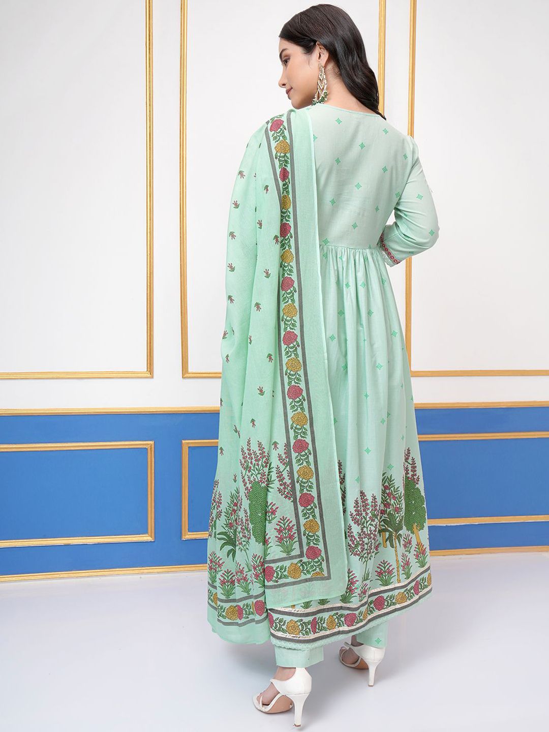Vishudh Floral Printed Empire Thread Work Pure Cotton Kurta With Trouser With Dupatta