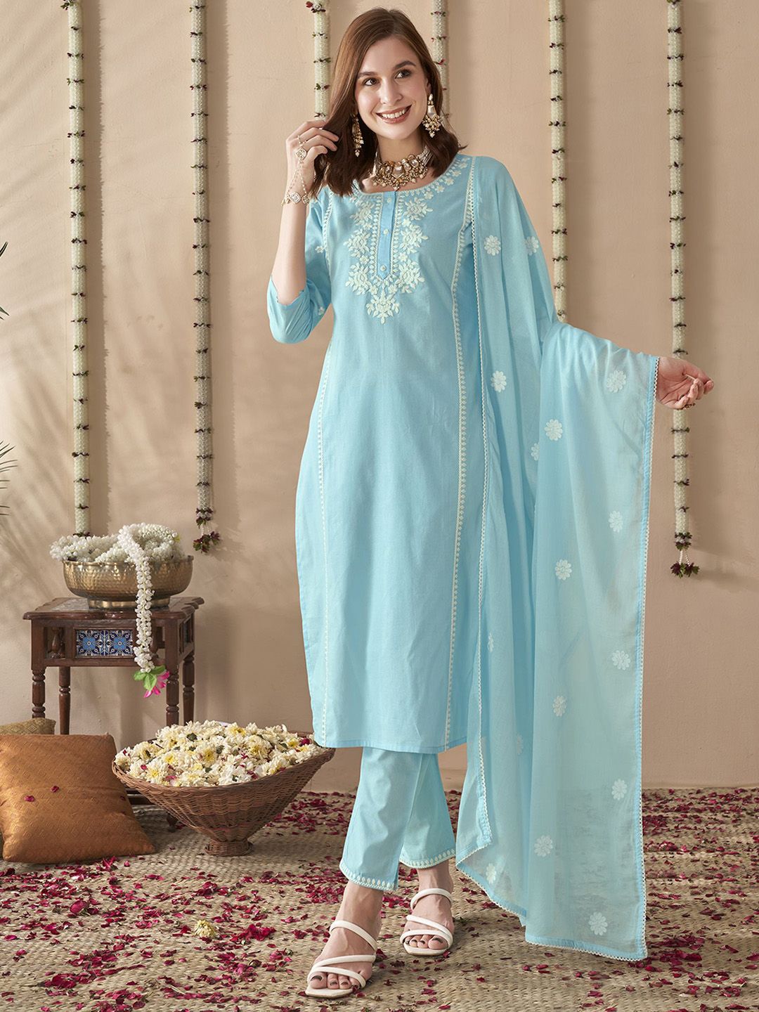 Anouk Embroidered Regular Thread Work Pure Cotton Straight Kurta With Trousers & Dupatta